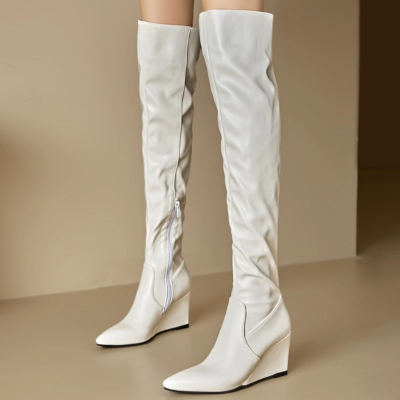 

Sexy Over the Knee High Boots Wedge Women Heels Pointed Toe Thigh High Long Modern Boots Lady Shoes Black White Wedge Footwear