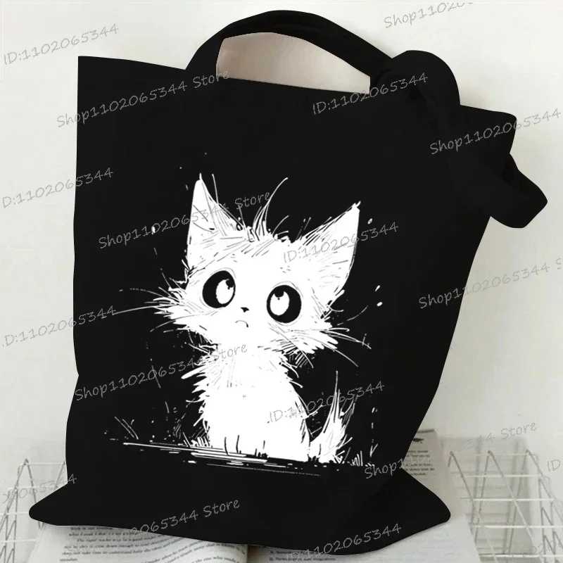 Canvas Tote Bag Women Funny Cute Cats Print Shopping Bags Fashion Cartoon Animal Kitten Handbag High Capacity Anime Shoulder Bag