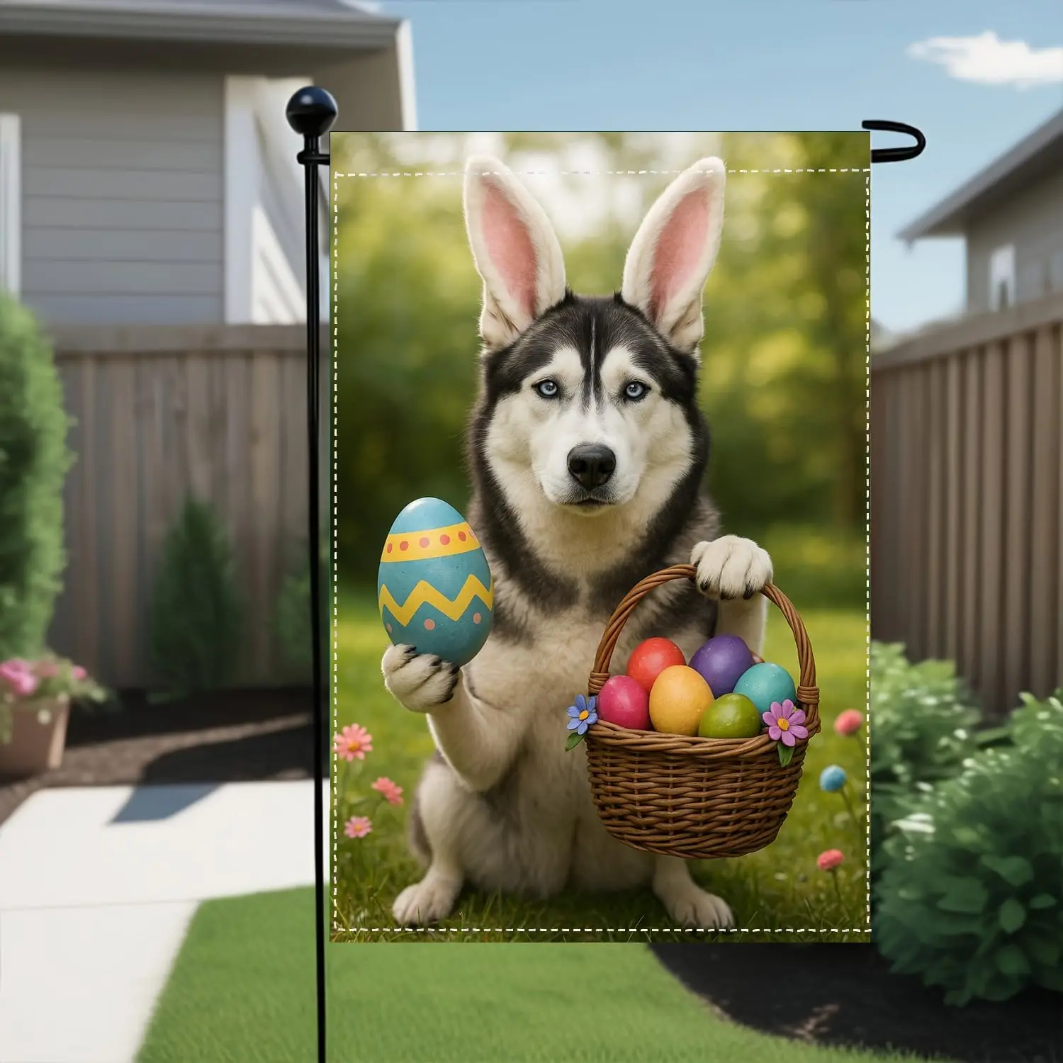 Easter Husky Dog with Easter Eggs Garden Flag 12 x 18 Inch Polyester Seasonal Yard Decor Outdoor Decoration for Spring Holid ZZM