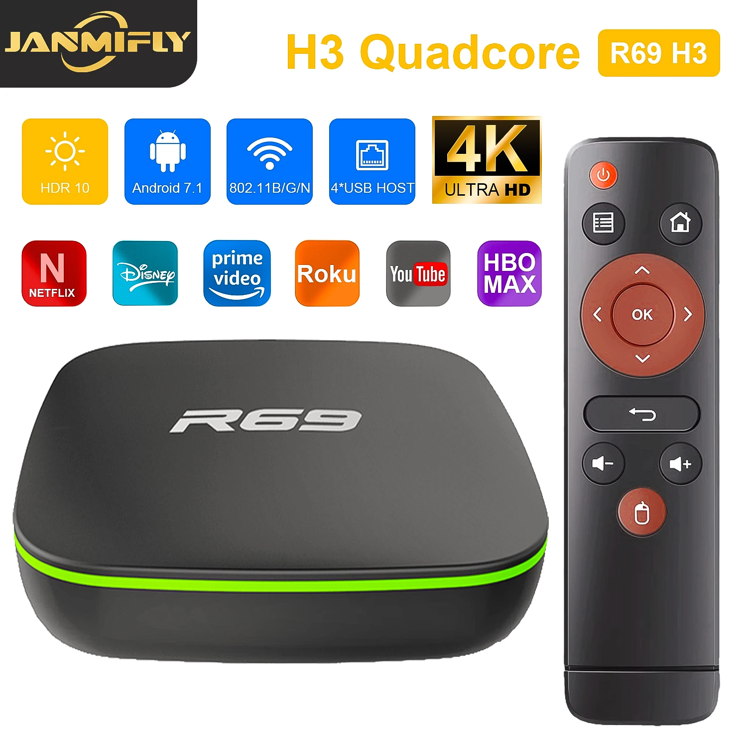 Smart TV Box R69 H3 4K Медиаплеер 1+ 8G с Wi-Fi HDMI-выходом Android Allwinner H3 TV Box Интернет-каналы Телеприставка