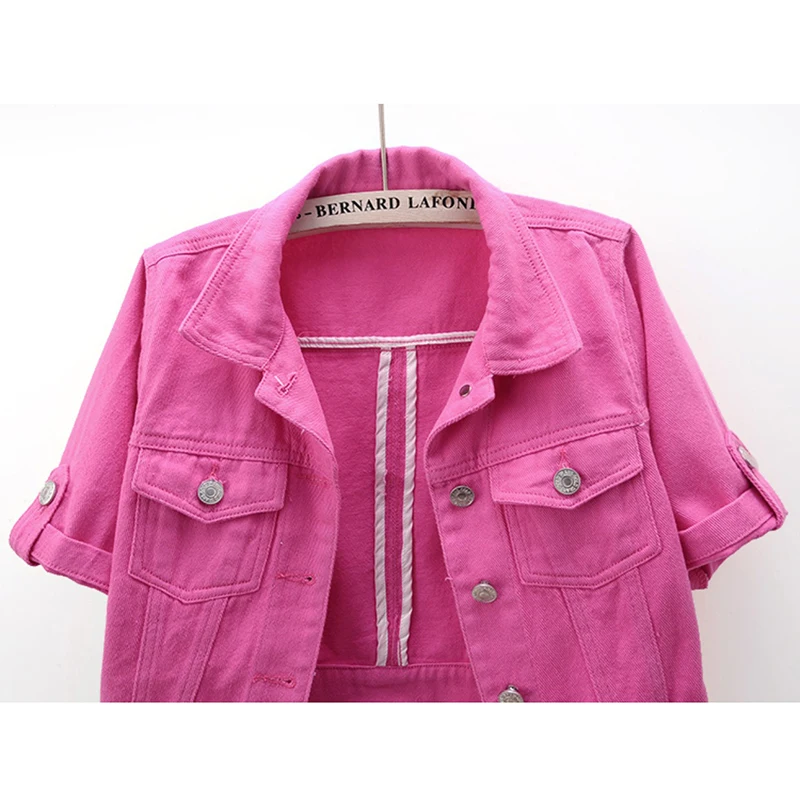 Chaqueta vaquera de manga corta de cintura alta para mujer, prendas de vestir cortas ajustadas de vaquero, moda coreana de otoño, chaqueta vaquera blanca, rosa y roja para mujer