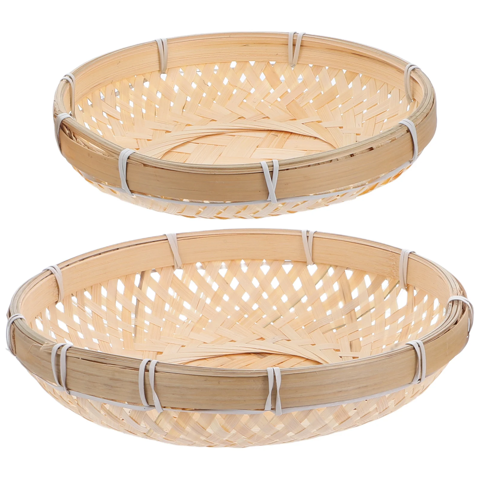 

2Pcs Bamboo Woven Basket Flat Round Tray Handcrafted Storage Organizer for Fruit Vegetable Bread Home Decorative Serving Tray