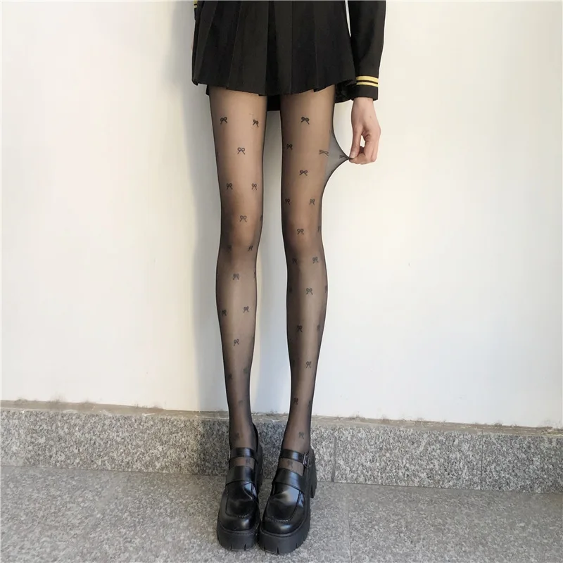 Bow Jacquard Black Silk Stockings Women's Spring and Summer Thin Velvet Arbitrary Cut Pantyhose Jk Internet Celebrity Ins Fashio