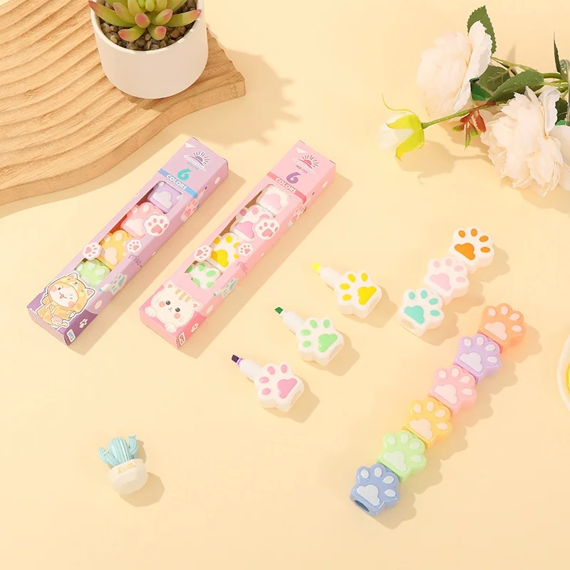 

10 box/lot Kawaii Cat Paw 5 Colors Splicing Highlighter Pen Cute Drawing Marker Pens Fluorescent Pen Office School Supplies