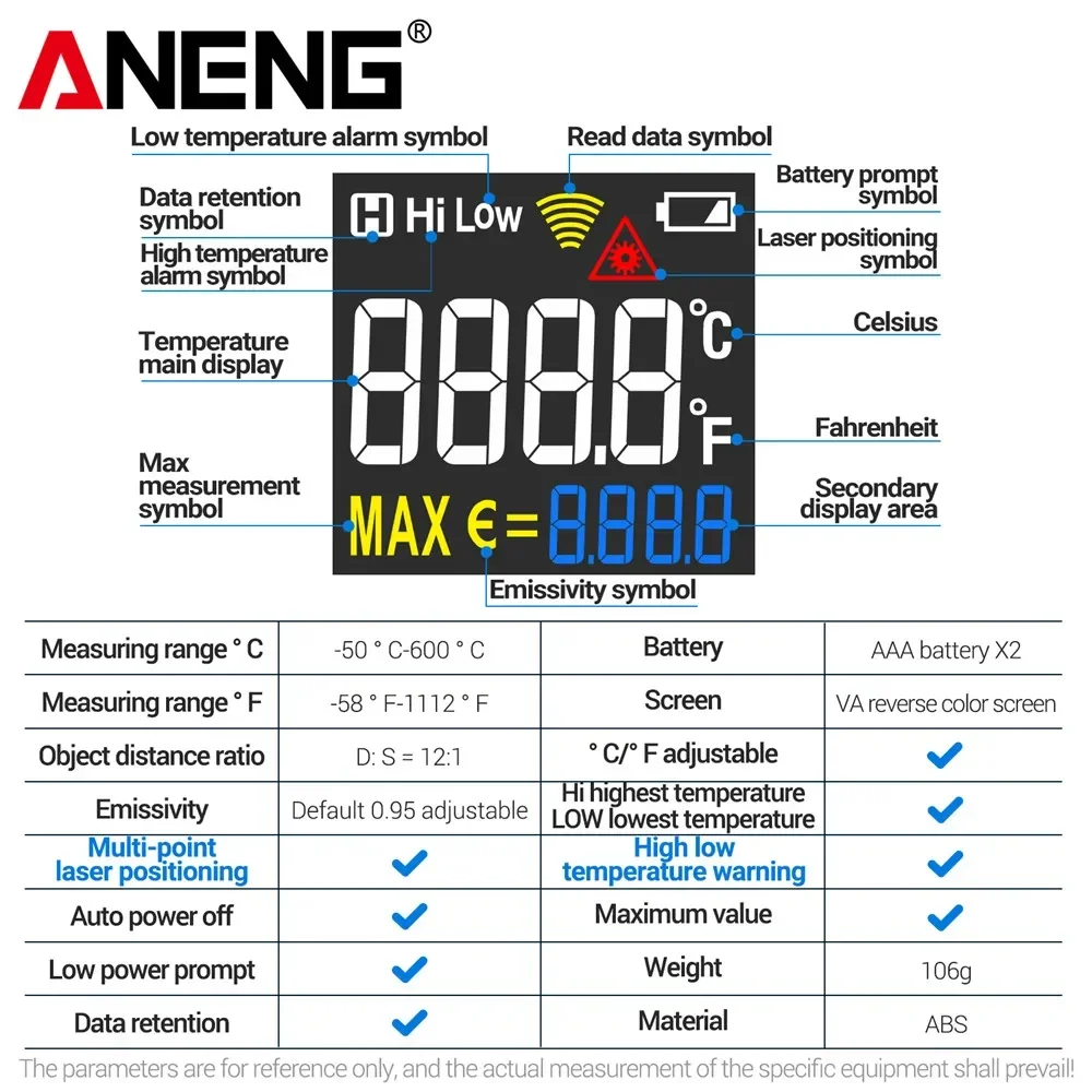 ANENG TH203 スマート工業用赤外線温度計 -50~600 ℃    メーター非接触高温計テスター IR 湿度計工業用ツール
