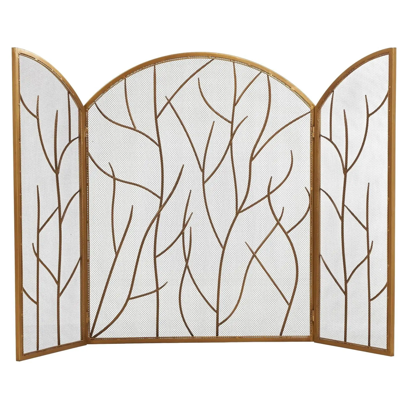 황금색 자유로운 곡선이 장식된 단조 철제 스크린, 실내 거실 벽난로 안전 칸막이 스크린