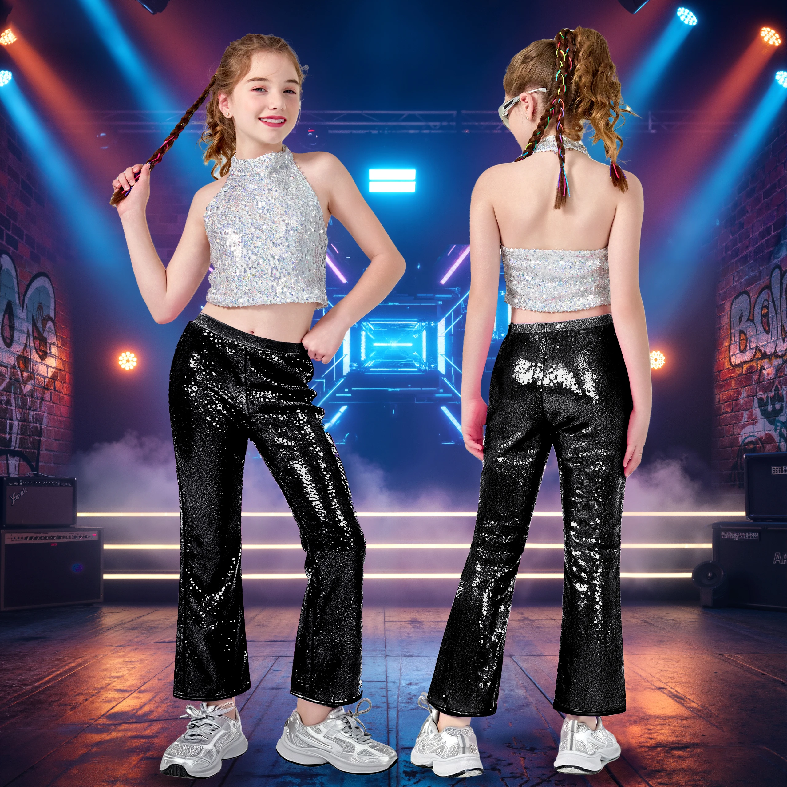 LOlanta Girls Sequin Flare Pants Sparkle Bell Bottoms Kids Elastic Waist Glitter Dance Trousers 6-12Years
