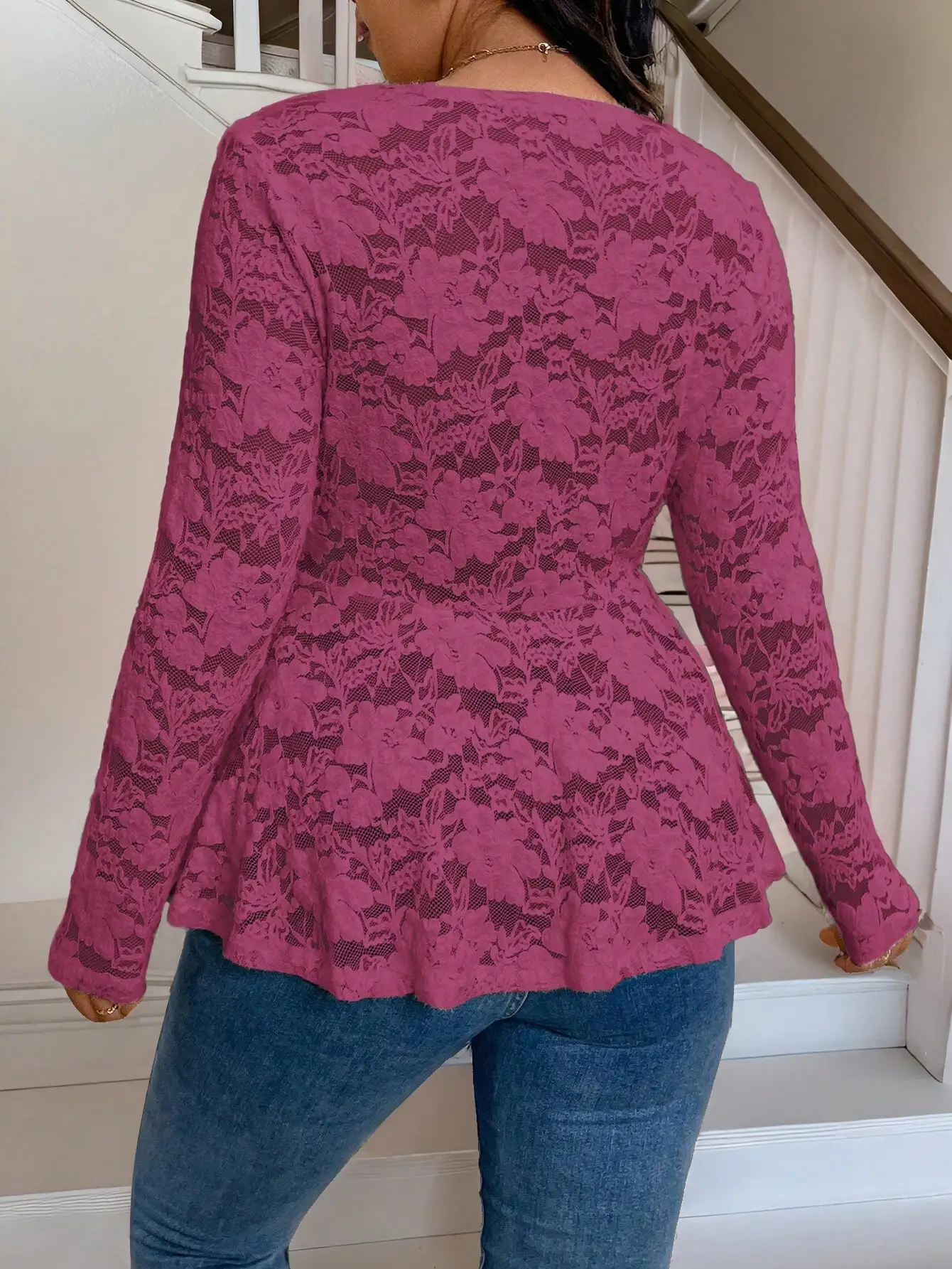 Women's Sexy V-Neck Lace Blouse Long Sleeve Floral Peplum Tops Spring Autumn Fashion Casual Shirt Elegant Ladies Clothing 2026