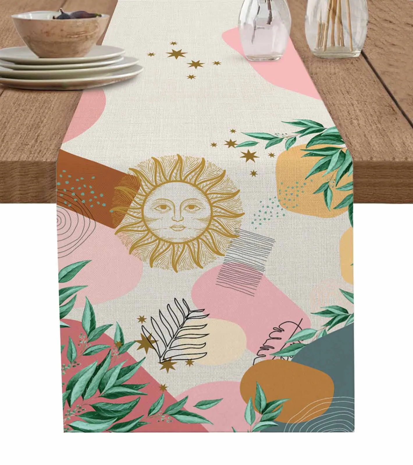 Bohemian Style Geometric Abstract Leaves Sun Modern Linen Cotton Table Cloth Decoration For Home Wedding Christmas Party