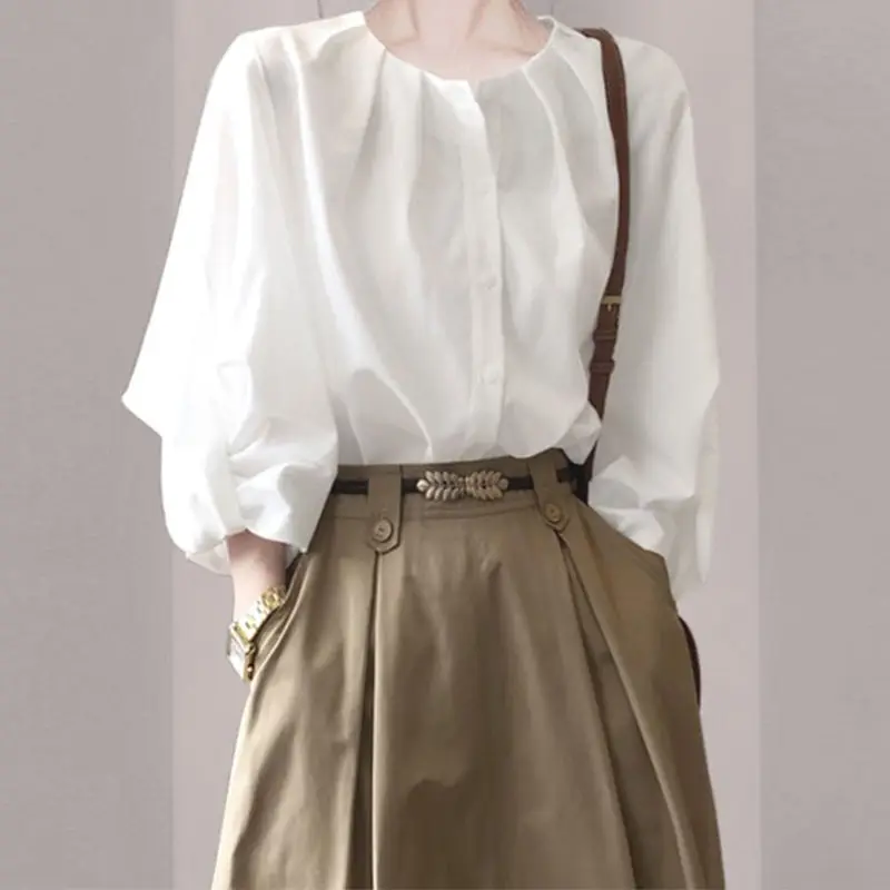 Fashion Small Crowd Design Feeling Blouse Women's New Spring and Summer 2023 White Round Neck Lantern Sleeve All-match Shirt