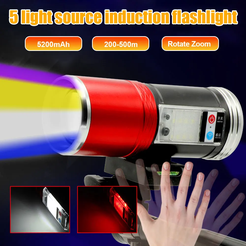 Super Bright Night Fishing Flashlight USB Rechargeable Searchlight Bait Purple Blue Handlamp 5 Light Source with Bracket