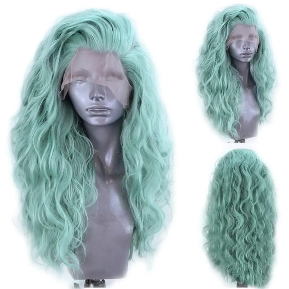 RONGDUOYI Tender Green Wig Long Wave Frontal Lace Wigs For Women Lace Synthetic Hair Heat Resistant Fiber Curly Wigs Cosplay