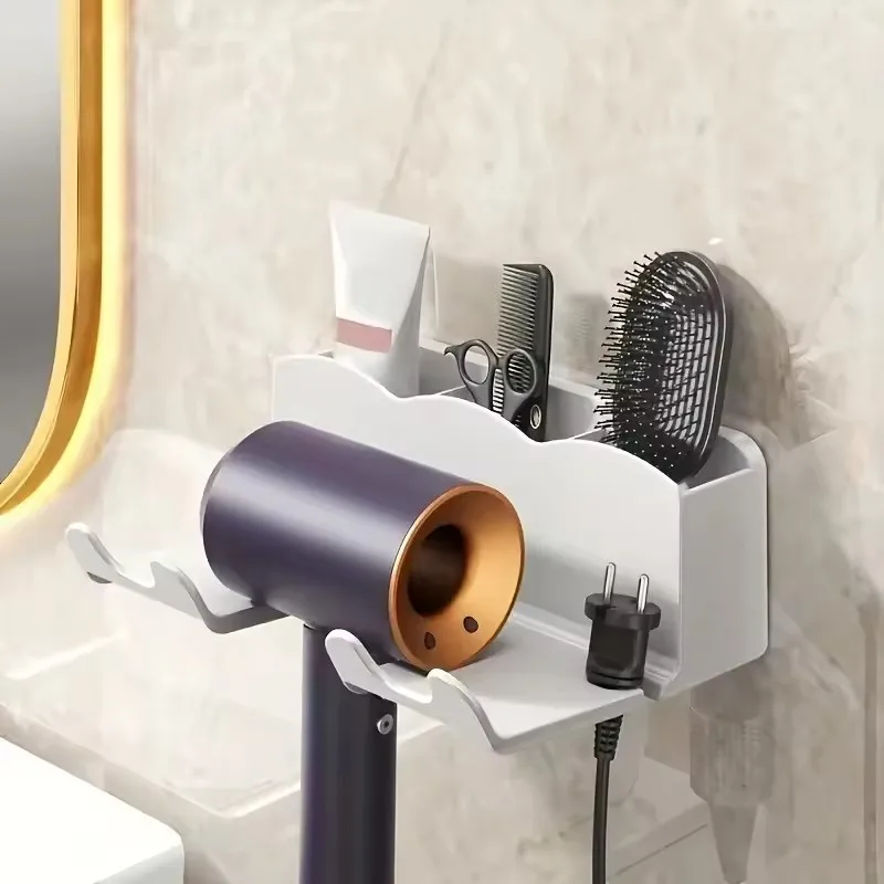 Estante de almacenamiento para secador de pelo, soporte montado en la pared para baño no perforado, almacenamiento y colocación de conductos de aire para baño, estante colgante