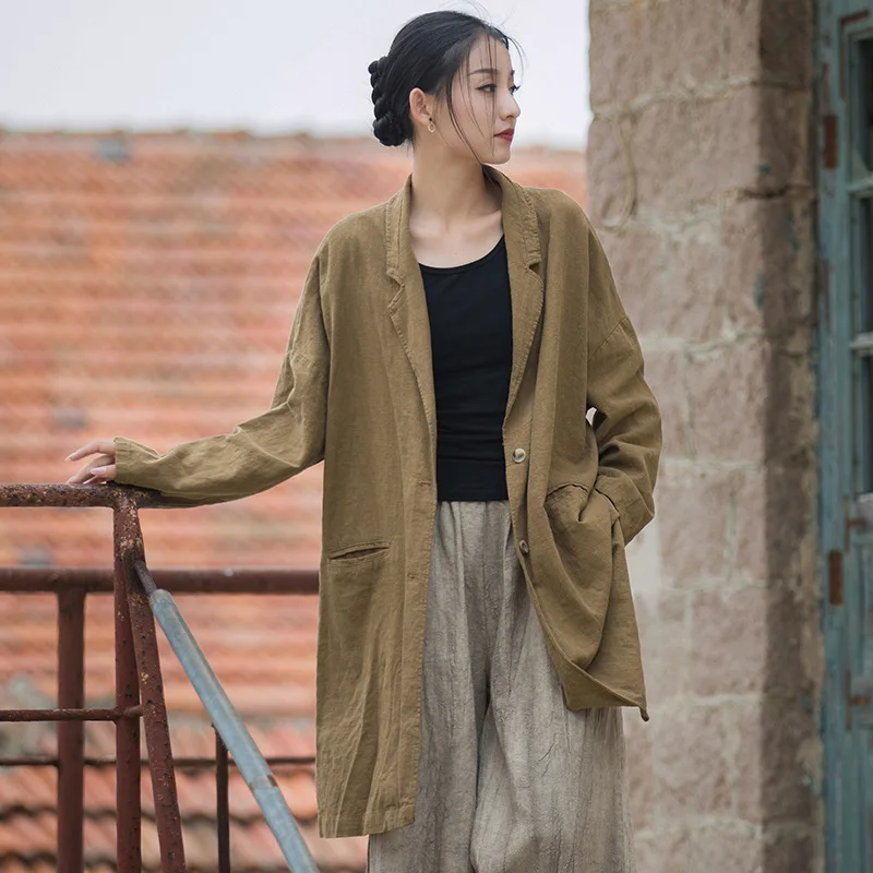 

New cotton and linen literary and leisure loose large version suit collar shirt ramie old sand wash jacket fashionable and casua