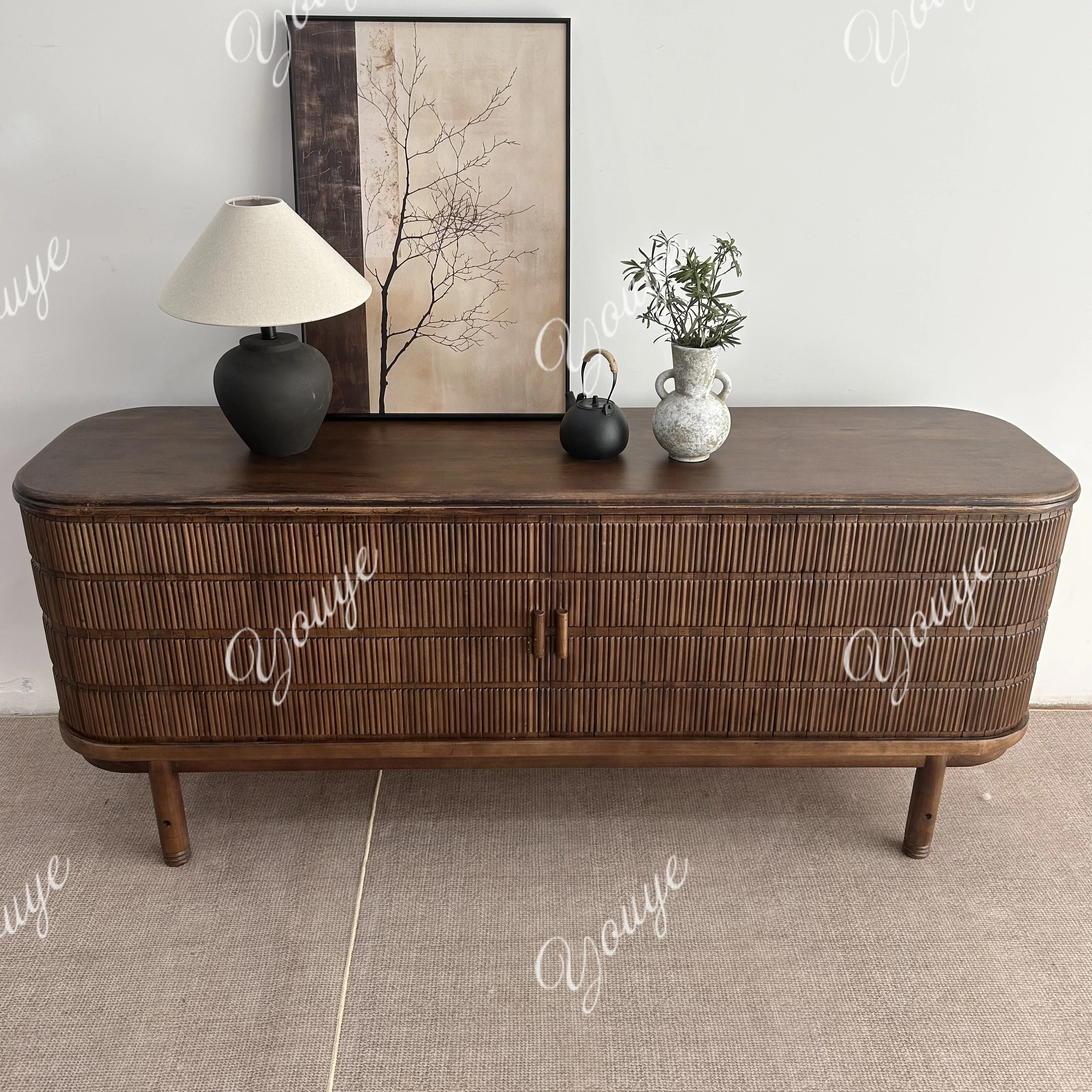 

New simple log floor light luxury high-end living room solid wood TV cabinet integrated medieval storage cabinet