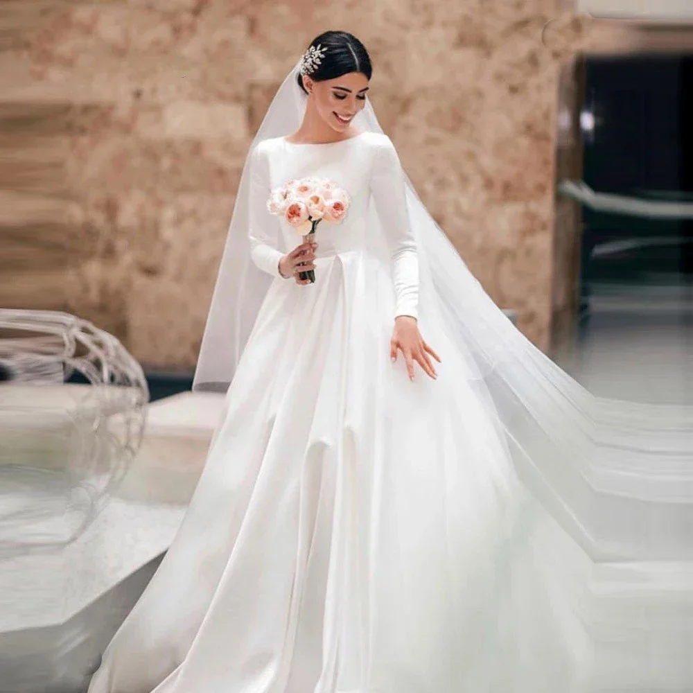 Modest White Satin Wedding Dresses with Long Sleeves A-Line Scoop Muslim Bridal Gowns Court Train vestido de noiva