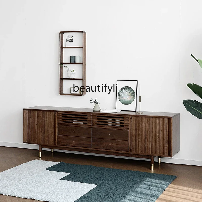 Nordic TV Cabinet North America Black Walnut Living Room Background Wall Floor Cabinet Copper Feet Locker