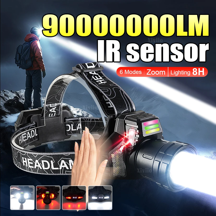 9000000LM Powerful Headlamp Long Range 3500M LED Head lamp High Power Rechargeable LED Headlamp Camping Fishing Head Lantern