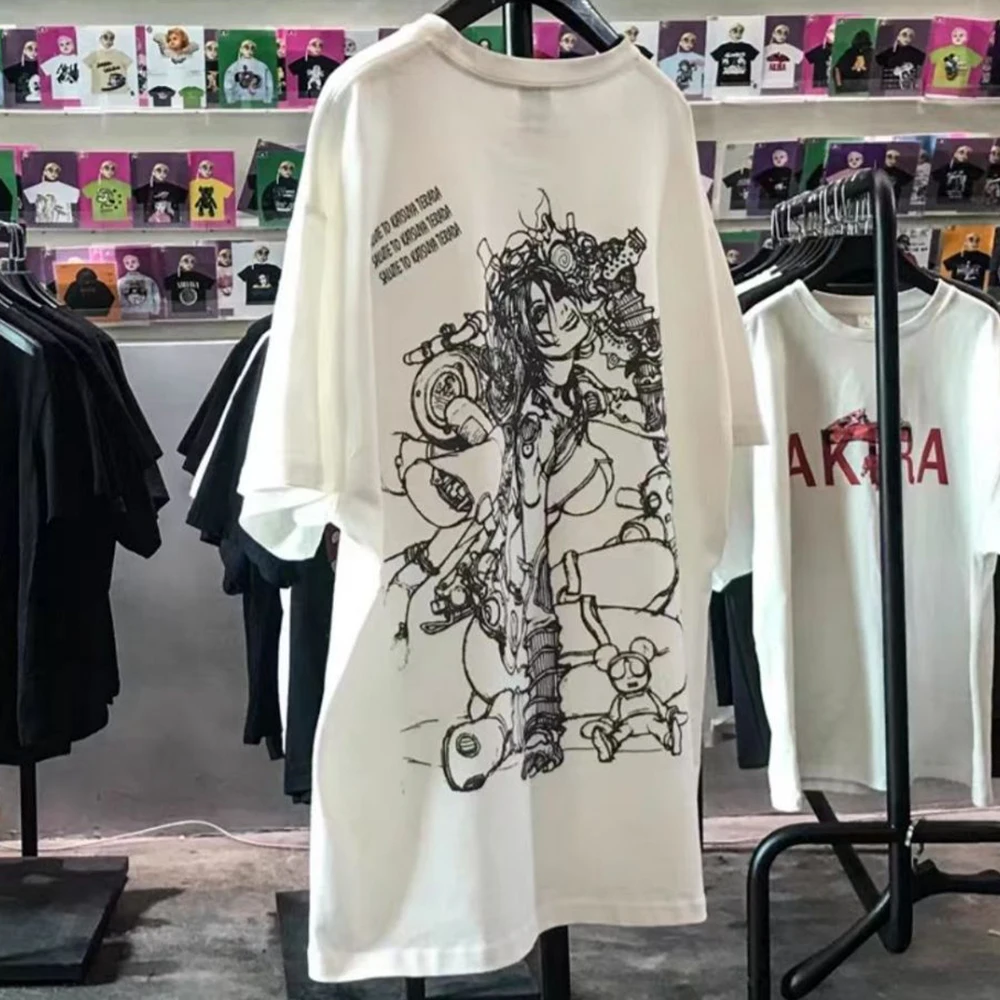 2024 Pure Cotton Street Short-sleeved T-shirt  Male Terada Katsuya Illustration Print Hand-painted Simple Casual Round Neck Top