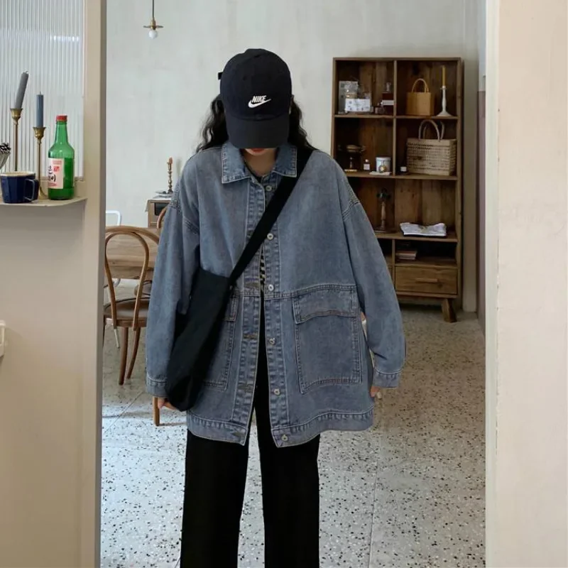 

Denim Jacket Women New Korean Solid Casual Blue BF Vintage Female Outwear High Street Ins Basic Design Simple All-match Trendy