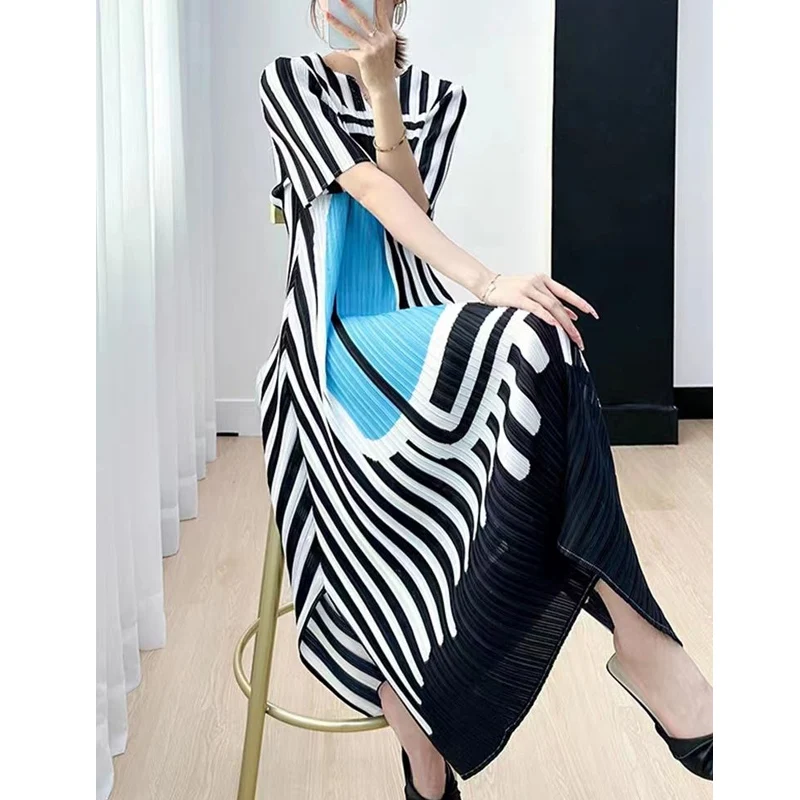 Summer Round Neck Short Sleeve Fashion Midi Dress Women High Street Casual Multicolor Printing Dresses Elegant Pleated Vestidos