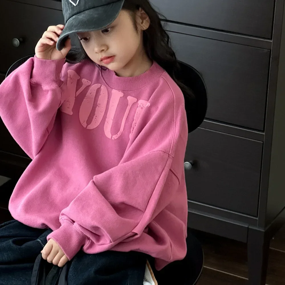 2024 girls' round neck pullover hoodie trend Korean version loose casual boys' printed hoodie letter pullover