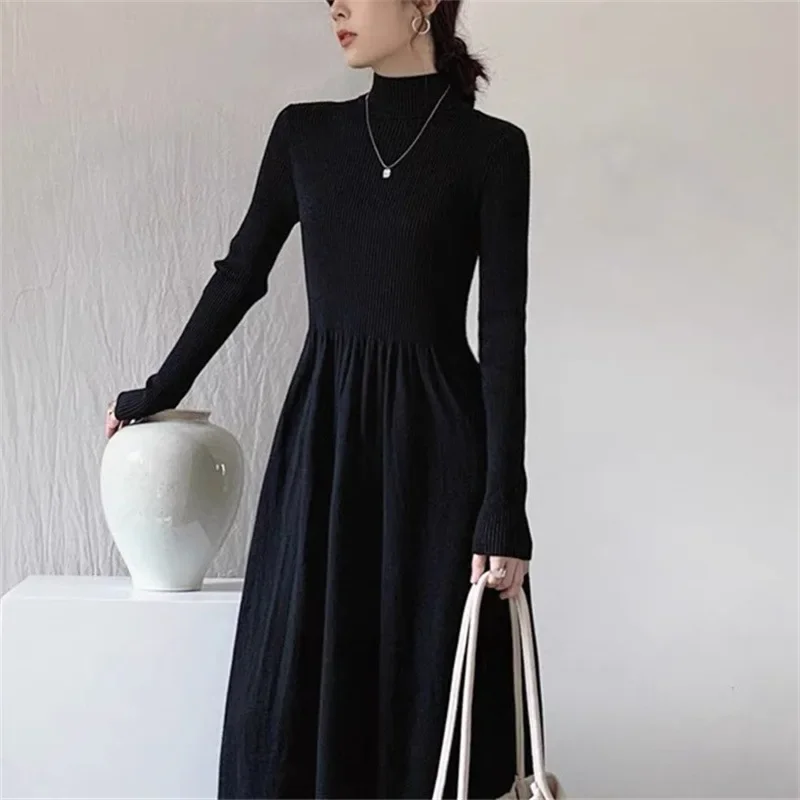 

Women Knitted Sweater Dress Turtleneck Full Sleeved Spliced Thick Dresses A Line High Waist Bottom Skirt Casual Autumn Winter