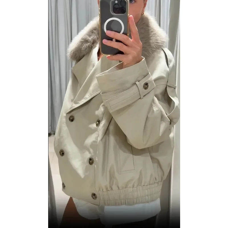 Cappotto corto giacca a vento corto con collo in pelliccia chic Moda donna Giacca ampia con tasca doppio petto Capispalla da ufficio per pendolarismo quotidiano autunnale