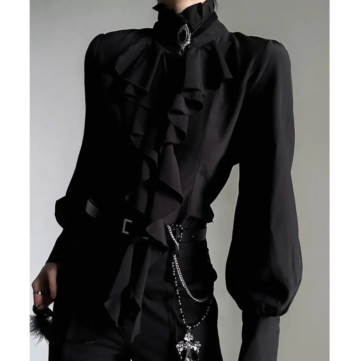 2ピースパンツセット レディース ブリティッシュスタイル カジュアル 原宿系 日本風ブラウス + ルーズヴィンテージブラックパンツ 2000年代 日本風ヴィンテージスーツ