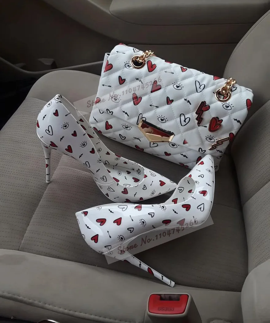 

Women Red Heart Printed High Heel Shoes White Mirror Leather Cute Geometric Pattern Dress Pumps Shallow Slip-On Footwear 12cm