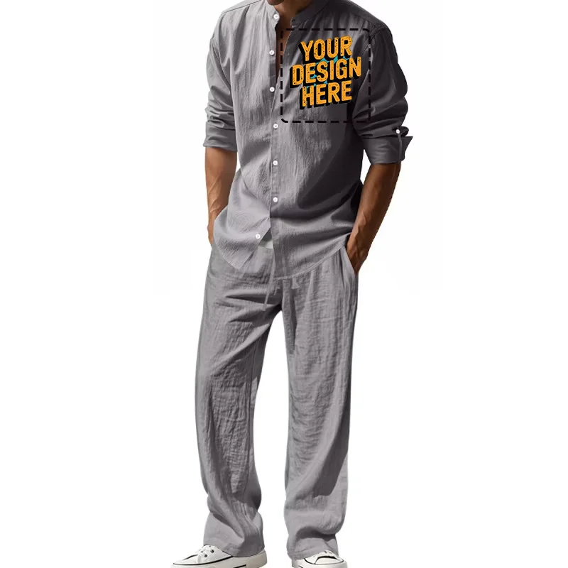 Free Custom Your Logo Design  Four Seasons Linen Men's Casual Suit Amazon Loose Long Sleeve Trousers Shirt Suit Men