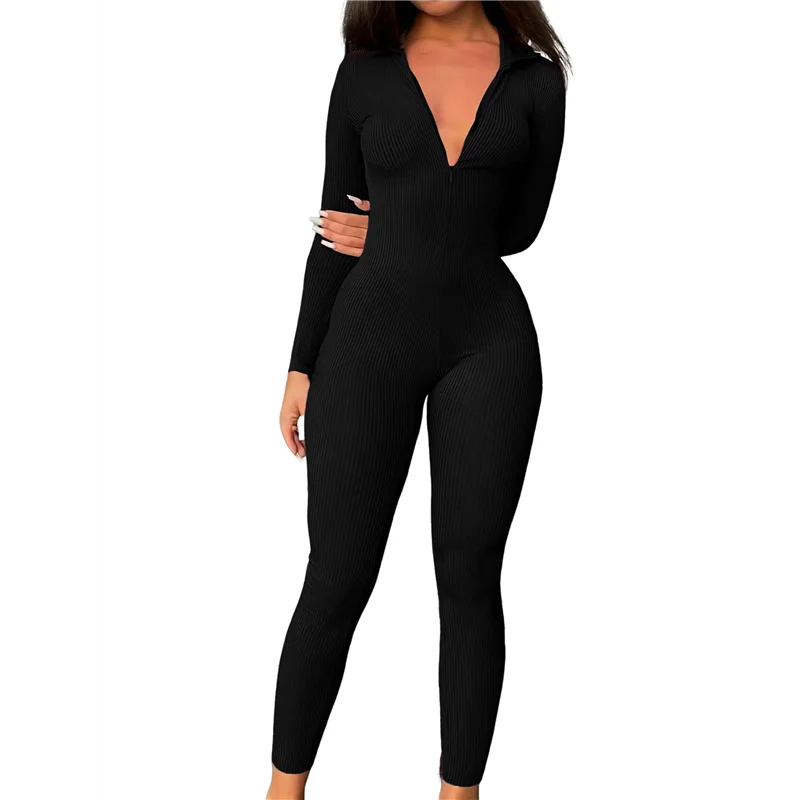 

Горячий Kf-женский комбинезон в рубчик с длинными рукавами на молнии спереди для тренировок, облегающий комбинезон