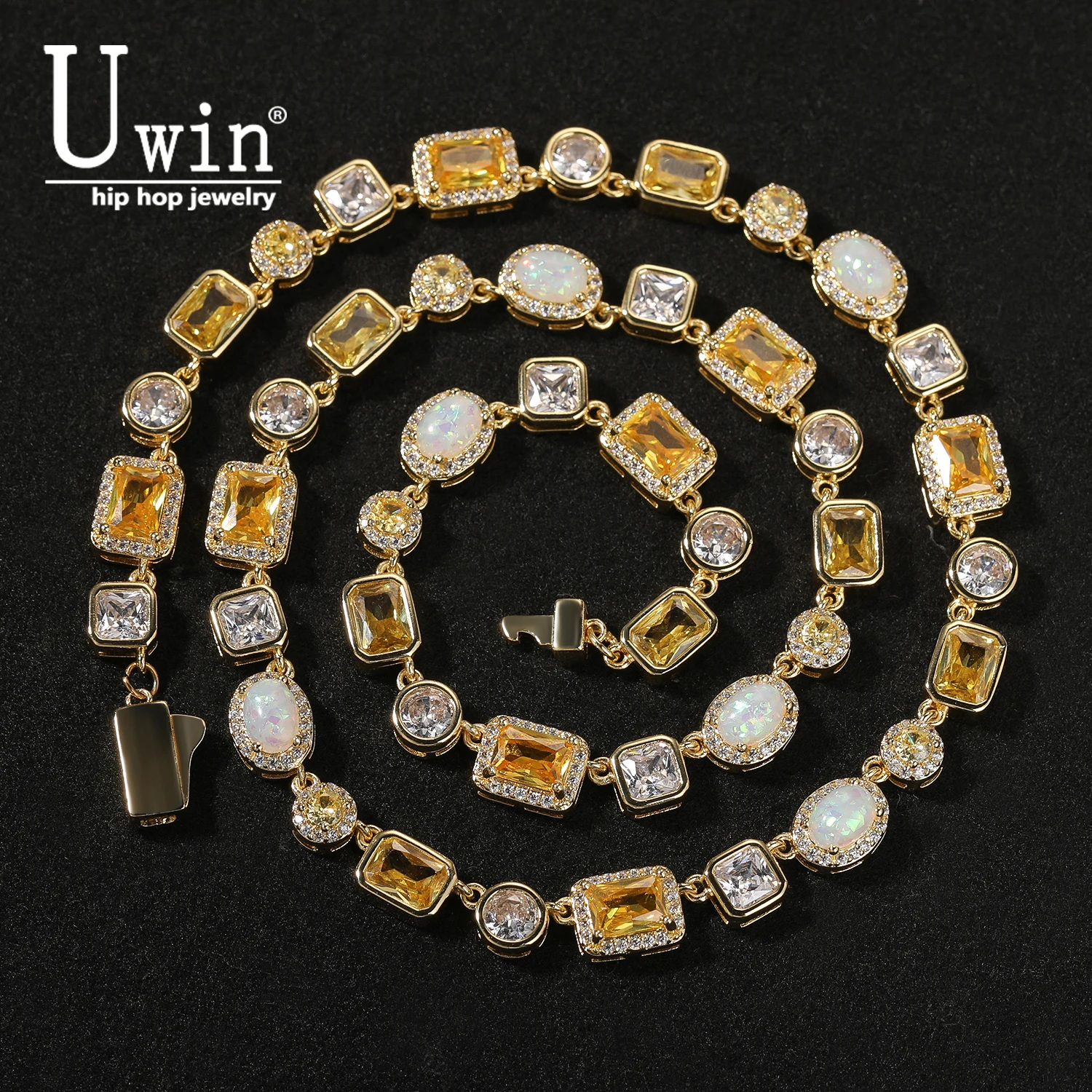 Uwin 8mm Yellow Gem Link Chain White Opal Necklace Iced Out AAAAA Cubic Zirconia Bracelet For Men Women Hiphop Jewelry