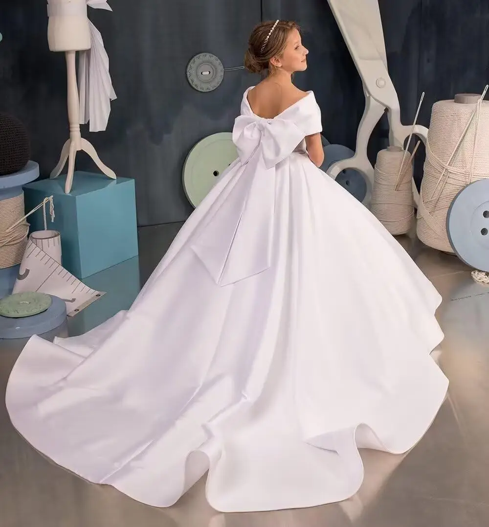 Off Shoulder Flower Girl Satin Dresses for Wedding Princess First Communion Pageant Dresses with Bow-Knot  Flower Girl Dresses