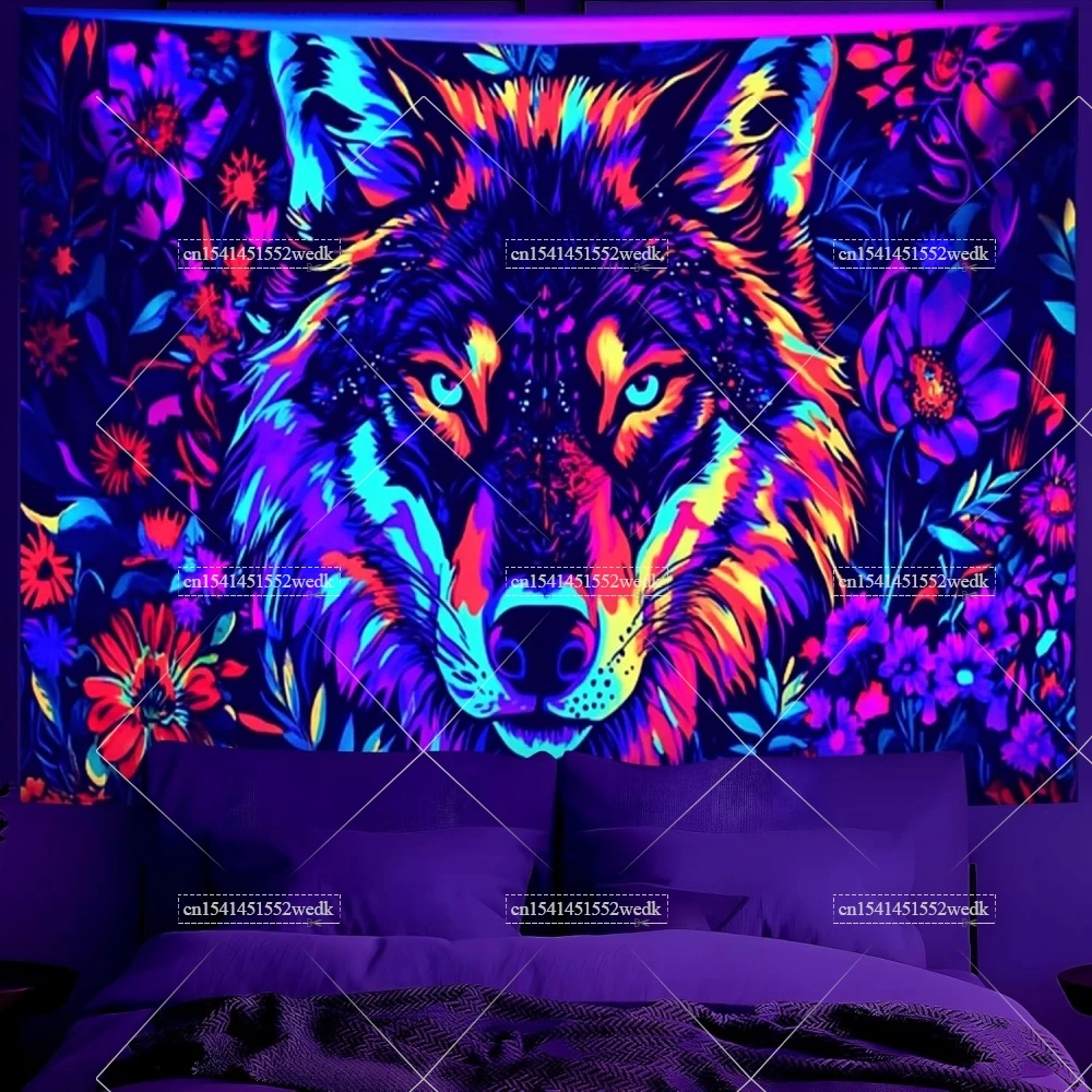 Animals Blacklight Wolf Tapestry UV Reactive Glow In The Dark Flowers Luminous Tapestrys Neon Fluorescent Party Backdrops