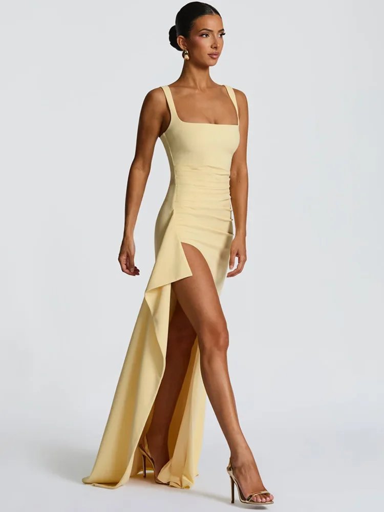 Elegant Spaghetti Strap Sexy Maxi Dress Women Gown Fashion Sleeveless Backless Thigh High Split Draped Club Long Dress