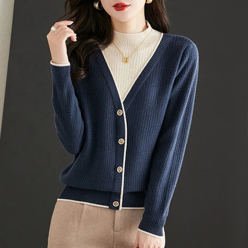 Women Clothing New Korean Style Patchwork Elegant Knitted Sweater Autumn Winter Half High Collar Long Sleeve Loose Pullover Tops