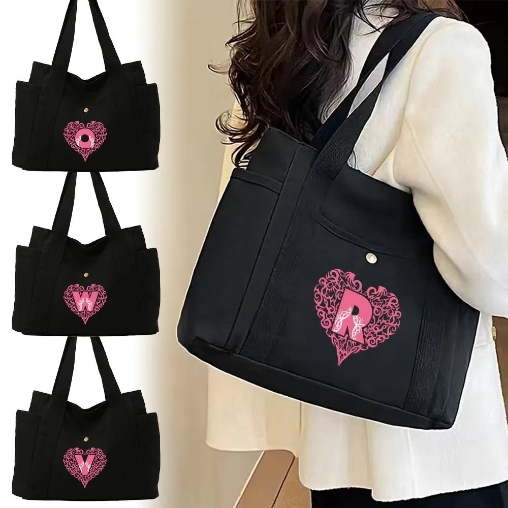 Handbags Canvas Tote Bag for Commuting Black Canvas Women's Bag Female Shoulder Bag Heart-shaped Printing Series Organizer Pack