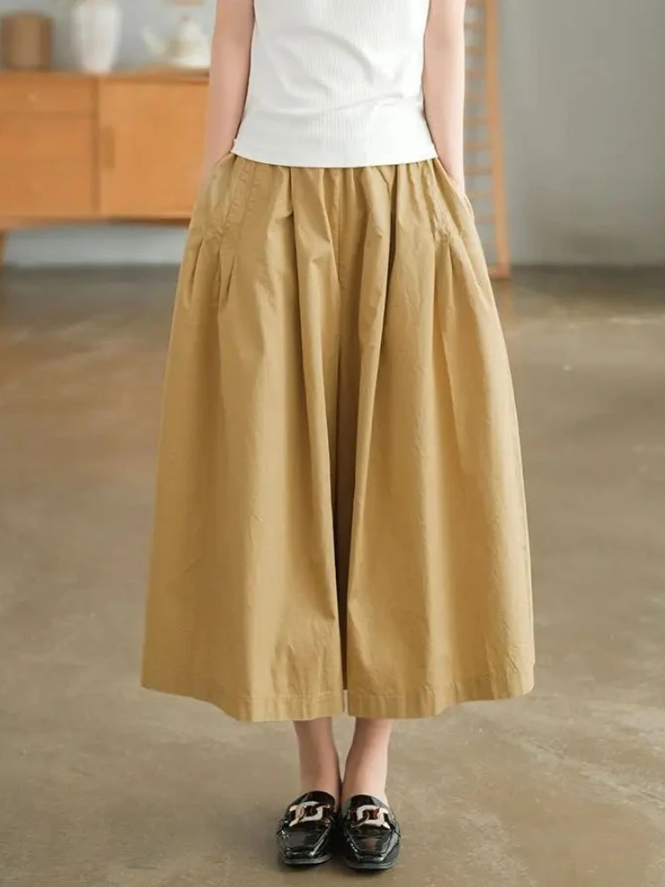 

Khaki Women's Pants 100% Pure Cotton Casual Loose Elastic Waist Wide Leg Pants Women 2024 Summer New Retro Black Skirt Pants