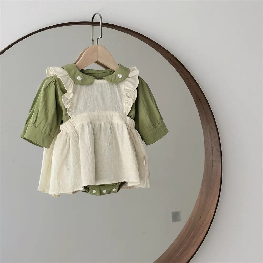 2024 Autumn Baby Clothes Infant Girls Bodysuit Toddler Solid Peter Pan Collar One Piece Or Smock