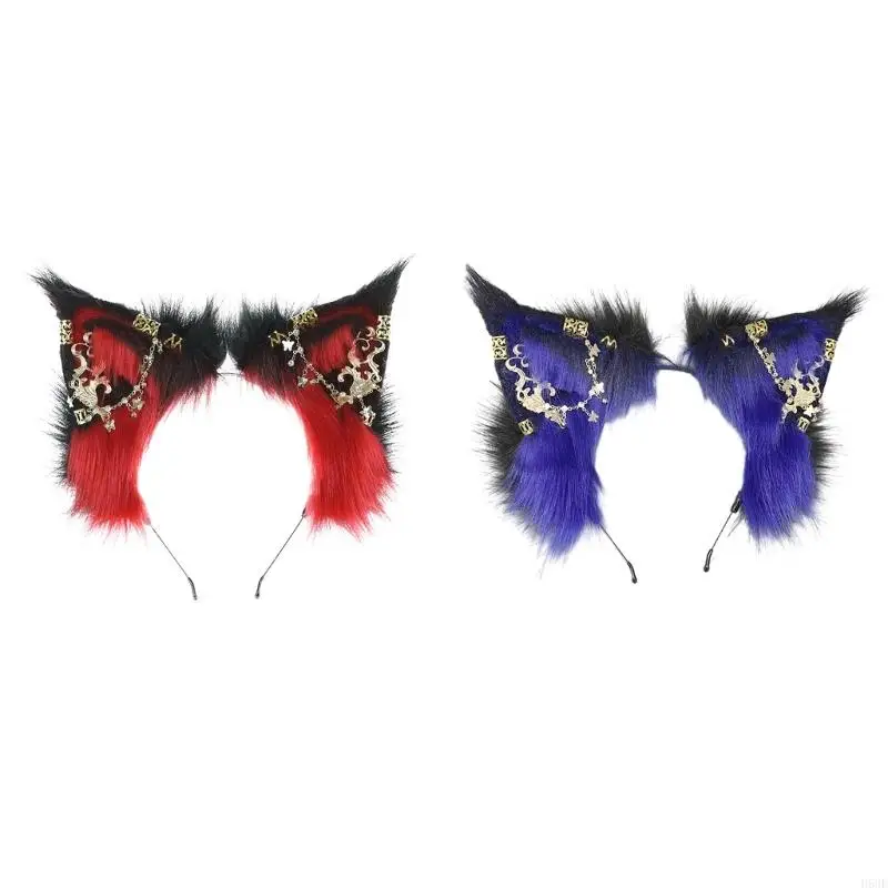 H58E Ear Headband for Cosplay Anime Plush Wolf Headband with Alloy Earring Decor