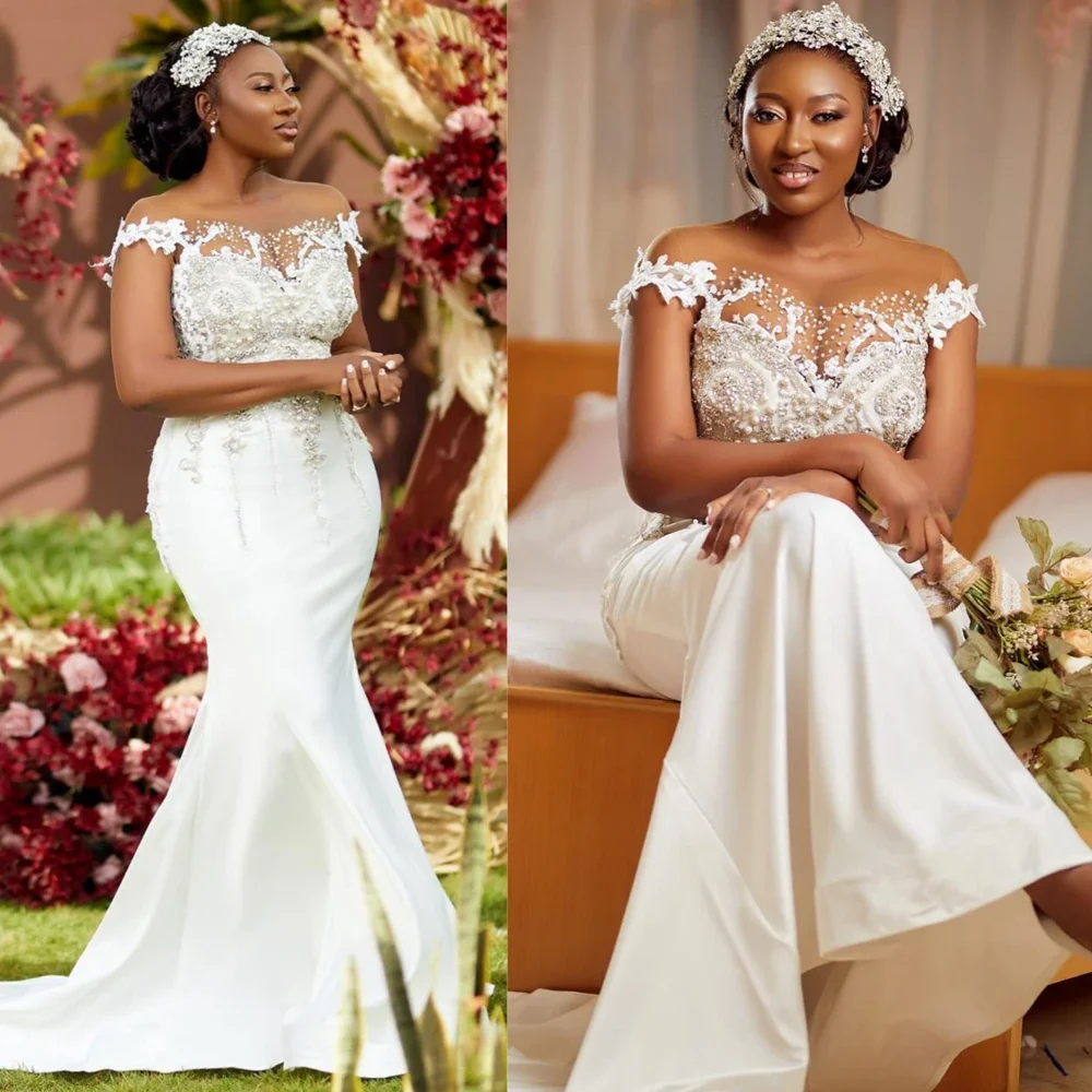 Customized  Cap Sleeves Shinny Beads Mermaid Bridal Dress Sweep Train Vestidos De Novia African  Country Wedding Gowns