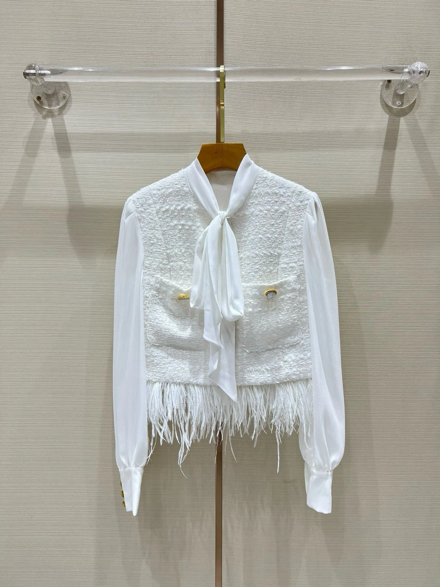 

EVACANDIS New High Quality Tweed Patchwork Long Puff Sleeve Shirts Double Pockets Elegant Single Breasted Solid Tassel White