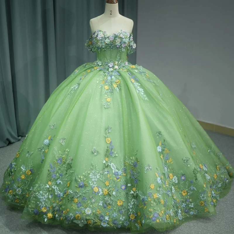

Mint Green Sparkly Quinceanera Dresses Ball Gown Off The Shoulder Lace Applique Bow Beading Tull Corset Sweet 16 Dress Vestidos