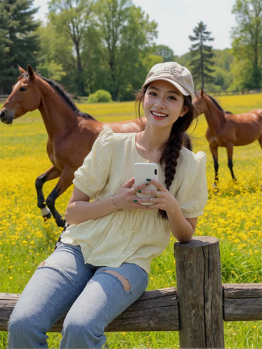 Camicette da donna dolce tinta unita autunno cotone moda coreana femminile oversize manica corta top lunghi stile formale femminile