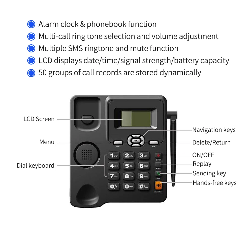 Cordless Phone Desktop Telephone Support GSM 850/900/1800/1900MHZ Dual SIM Card 2G Fixed Wireless Phone W/Antenna Radio Clock