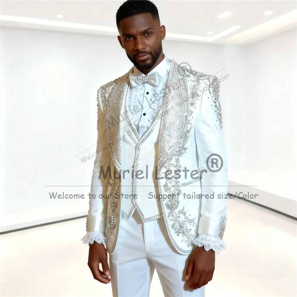 

Brilliant Beaded Crystalys Suit Attire For Groom 3 Pieces Sets Sequined Prom Tuxedo Customized Male Party trajes para hombre