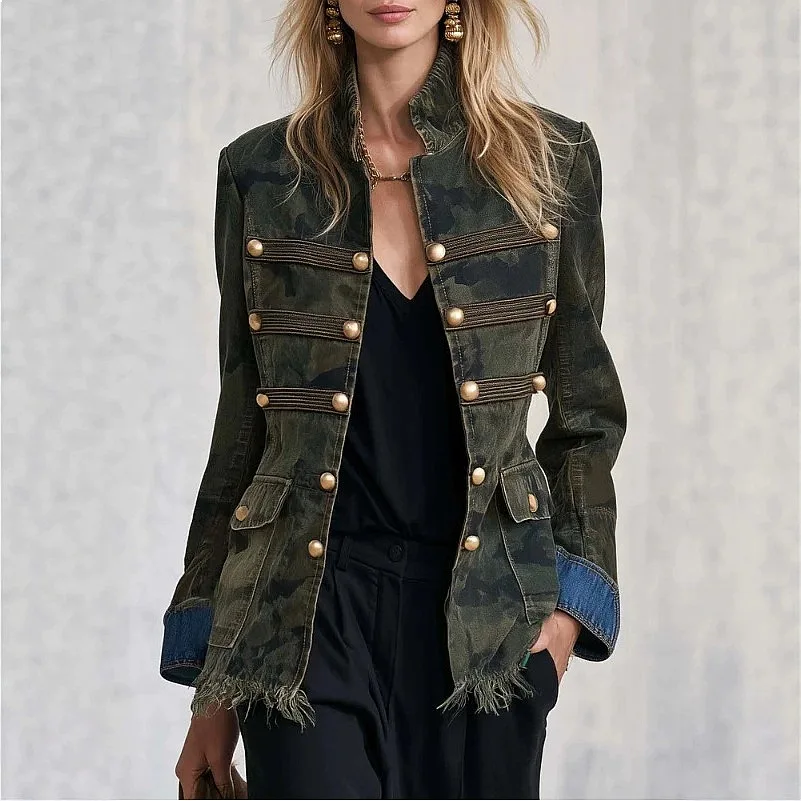 Vintage Print Denim Outerwear Cropped Print Denim Outerwears Button Front Frayed Hem Stand Collar Women Spring Summer