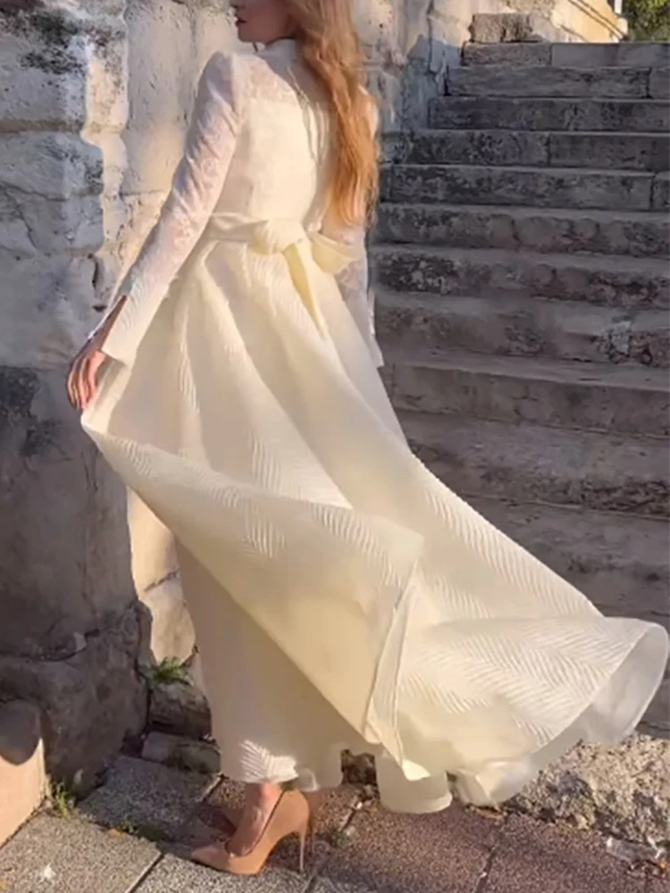 Femmes dentelle broderie fleur élégante robe longue revers pure manches longues blanc printemps automne Chic avec ceinture robes longues Vestido