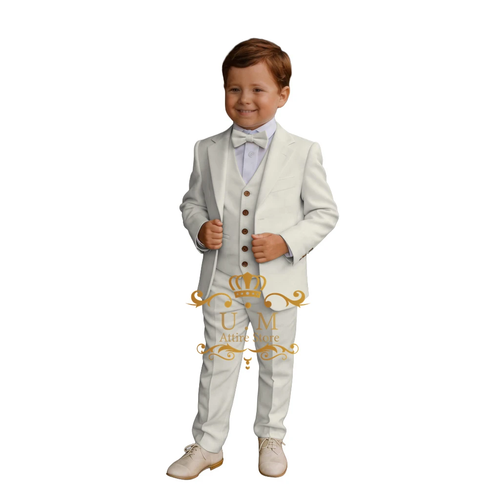 Ivory Boys Suit 3 Piece Kids Set Formal Jacket Vest Pants & Bow Tie Toddler Ring Bearer Suit Wedding Birthday Party Outfit